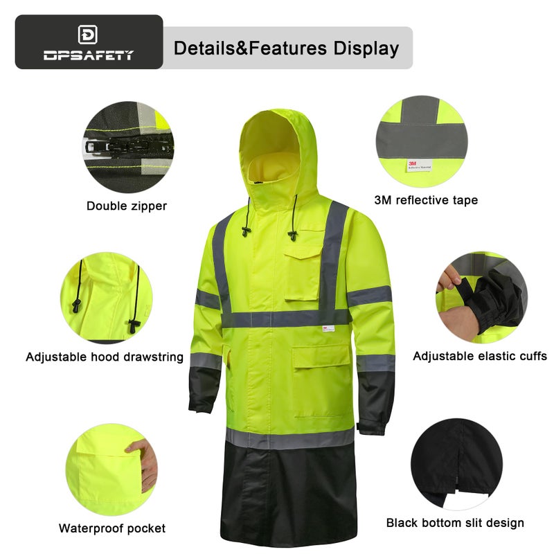 DPSAFETY Reflective Rain jackets for men waterproof,Hi Vis Rain Coat With 3M Reflective Strips,High Visibility Class 3 Rain Gear With 2 large pockets,Zipper,Black Bottom Lime,XL - Image 2